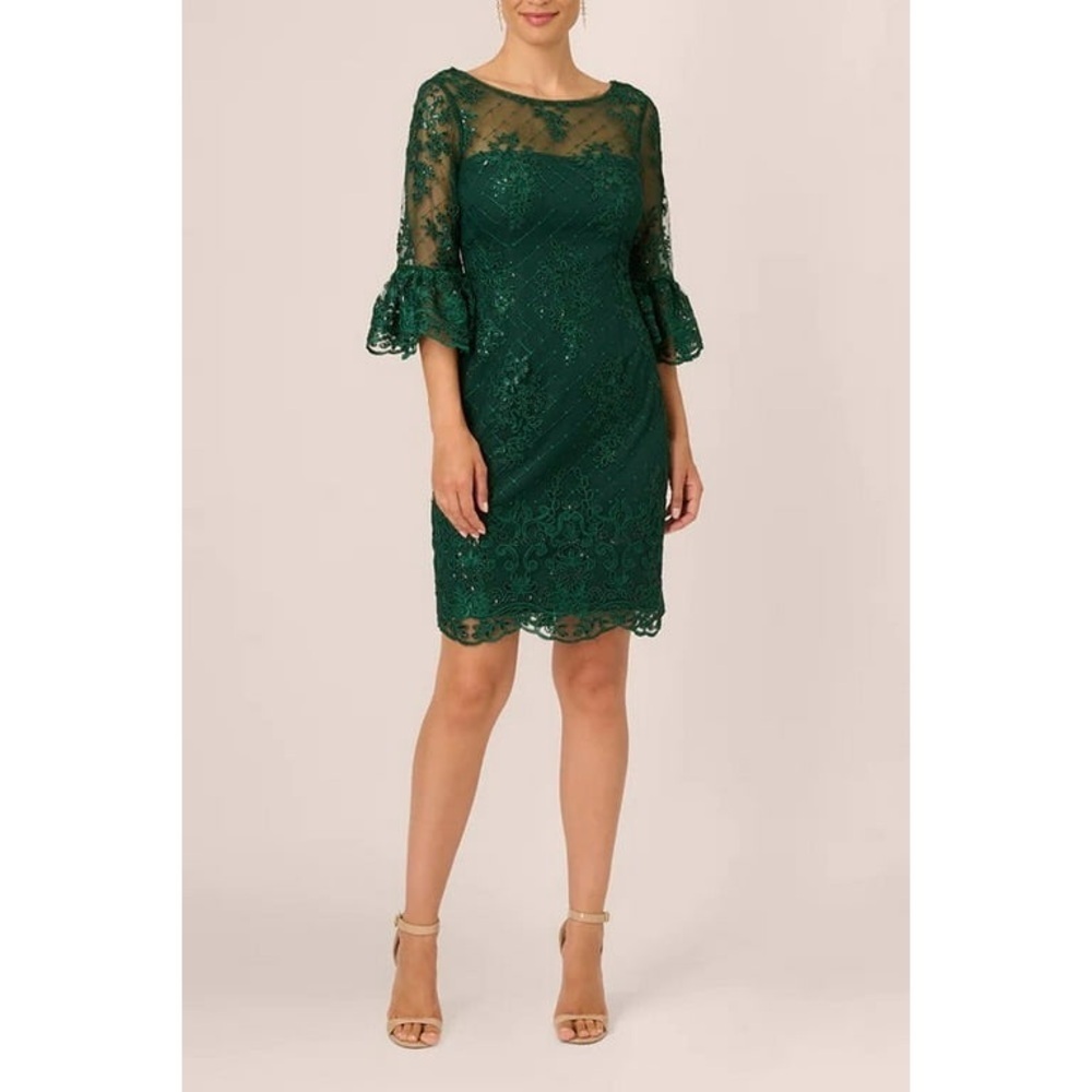 NWT Adrianna Papell Forest Green Embroidered Lace Ruffle Sleeve Dress Size 4